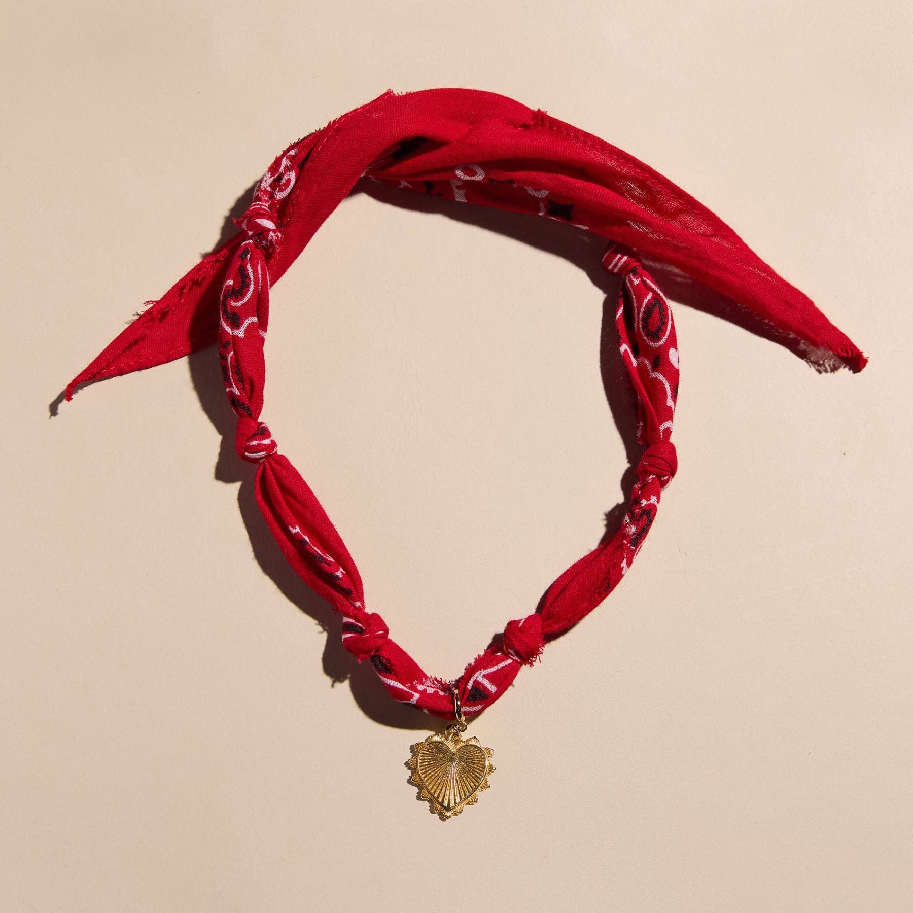 Red Bandana Necklace: Gold Sunburst Heart Charm / Red