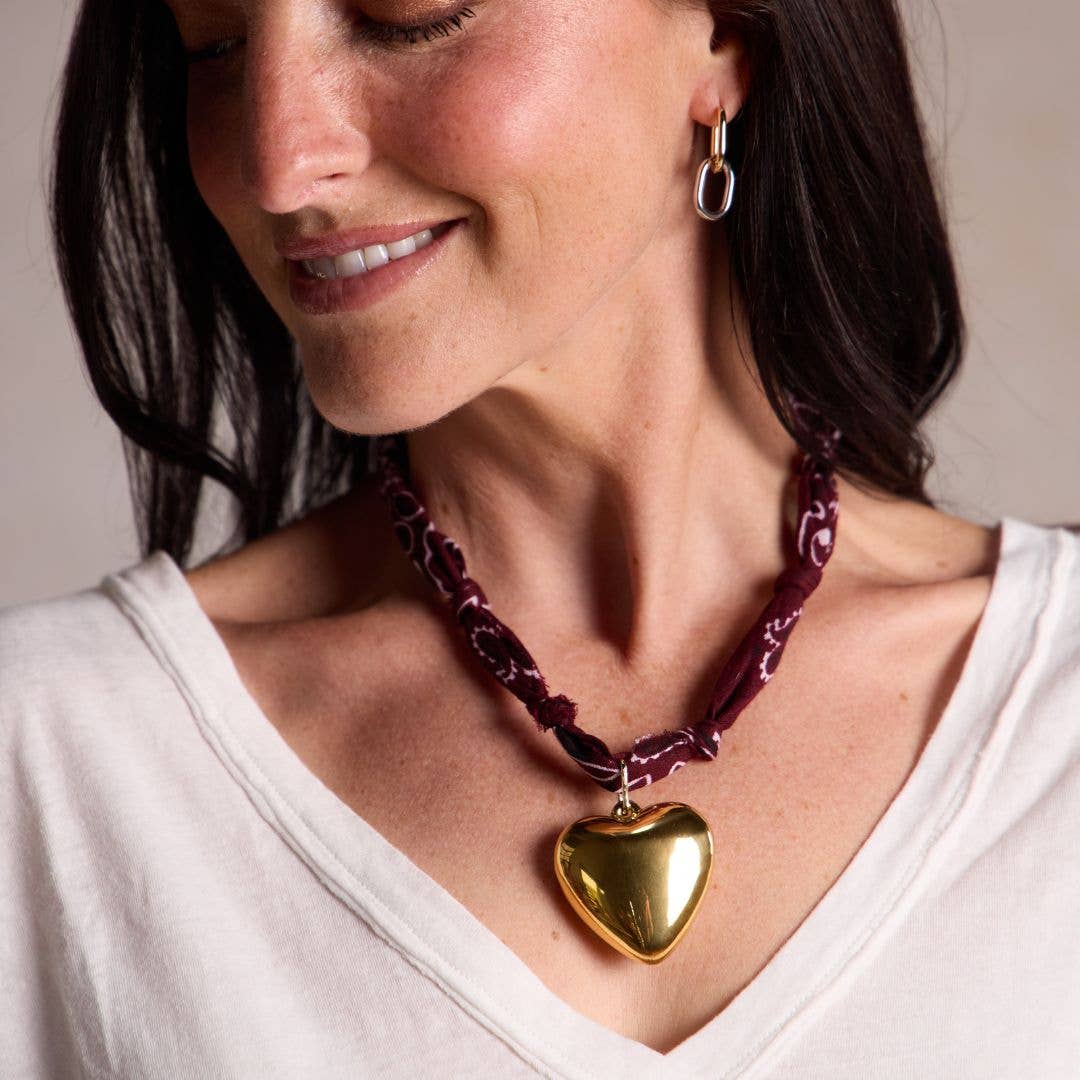 Burgundy Bandana Necklace: Gold Sunburst Heart Charm / Burgundy