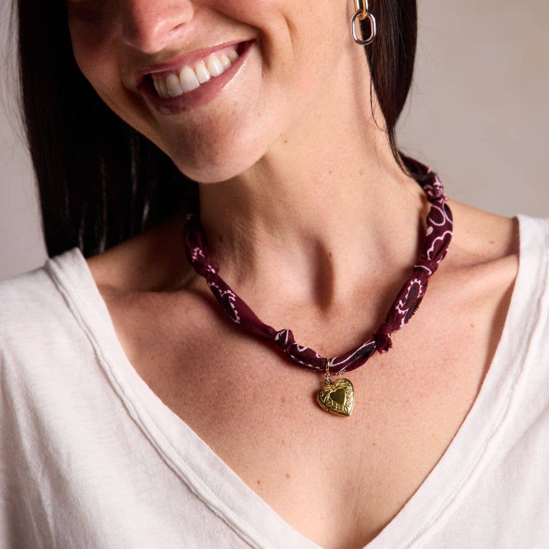 Burgundy Bandana Necklace: Gold Sunburst Heart Charm / Burgundy
