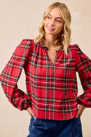 Christmas Plaid Balloon Sleeves Ruffled V-neck Top