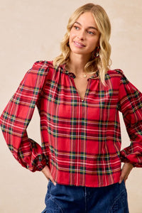 Christmas Plaid Balloon Sleeves Ruffled V-neck Top