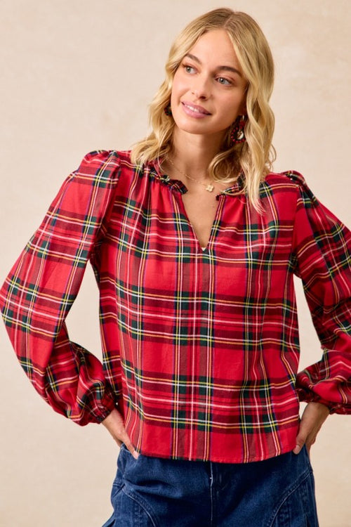 Christmas Plaid Balloon Sleeves Ruffled V-neck Top