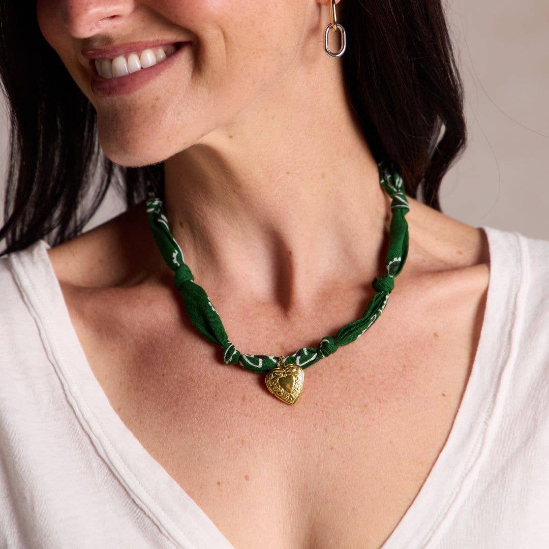 Dark Green Bandana Necklace: Gold Sunburst Heart Charm / Dark Green