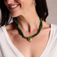Dark Green Bandana Necklace: Gold Sunburst Heart Charm / Dark Green