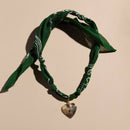 Dark Green Bandana Necklace: Gold Sunburst Heart Charm / Dark Green