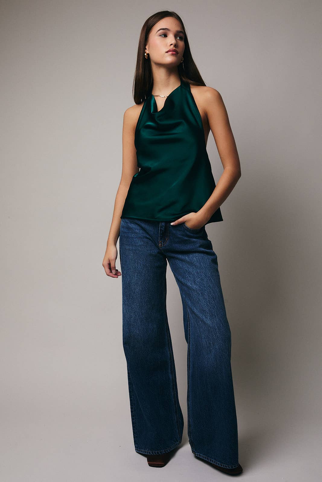 HIGH COWL NECK HALTER SATIN TOP: HUNTER GREEN