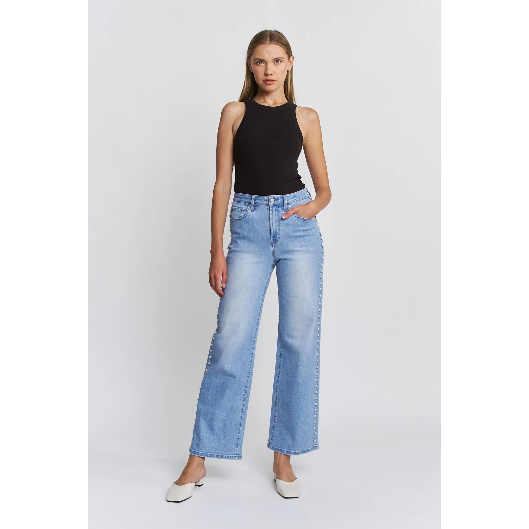 HIGH RISE WIDE LEG PEARL EMBELLISHMENT: IVY INDIGO / 28