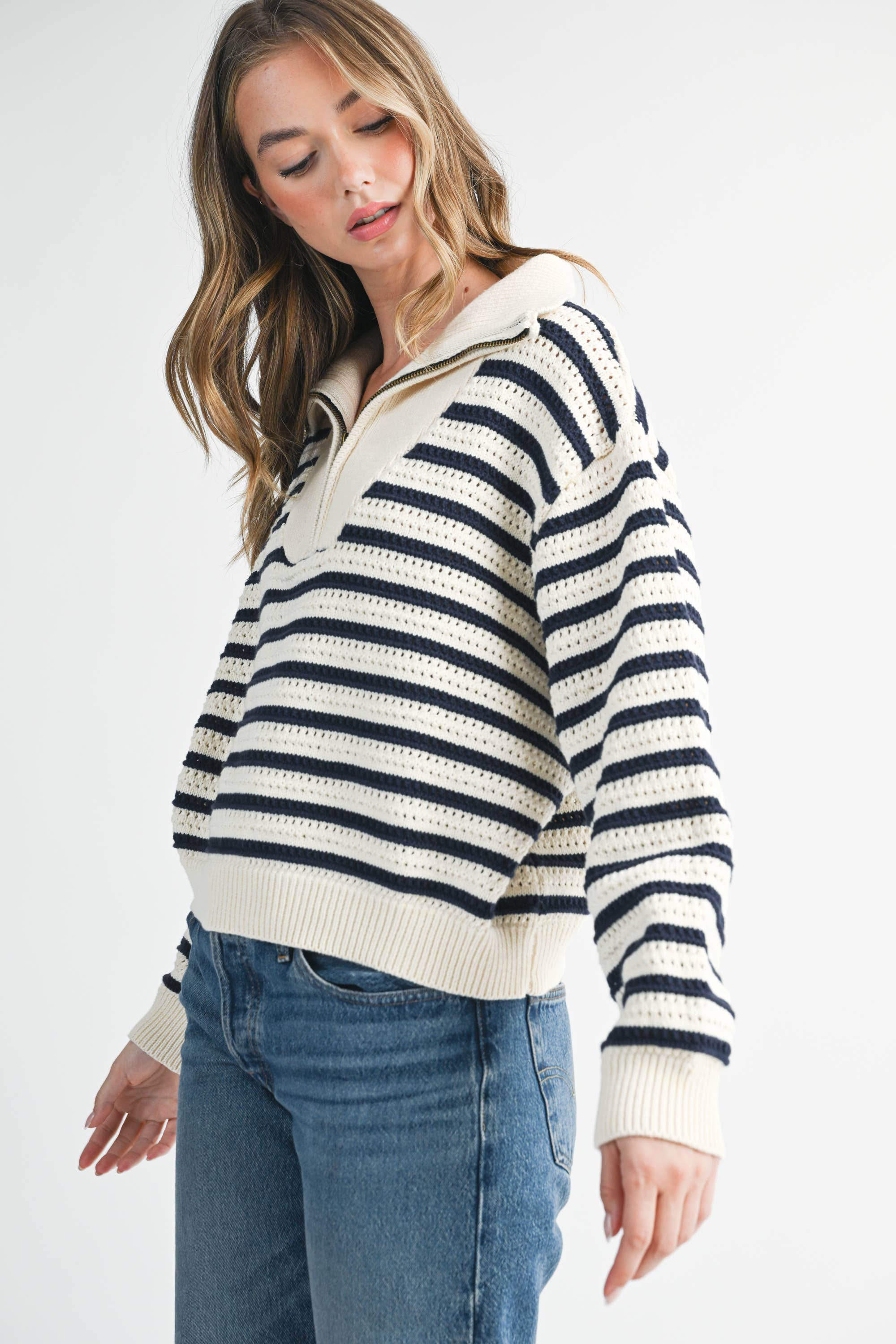 Half-Zip Pointelle Stripe Sweater