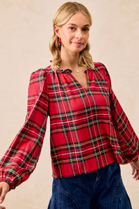 Christmas Plaid Balloon Sleeves Ruffled V-neck Top