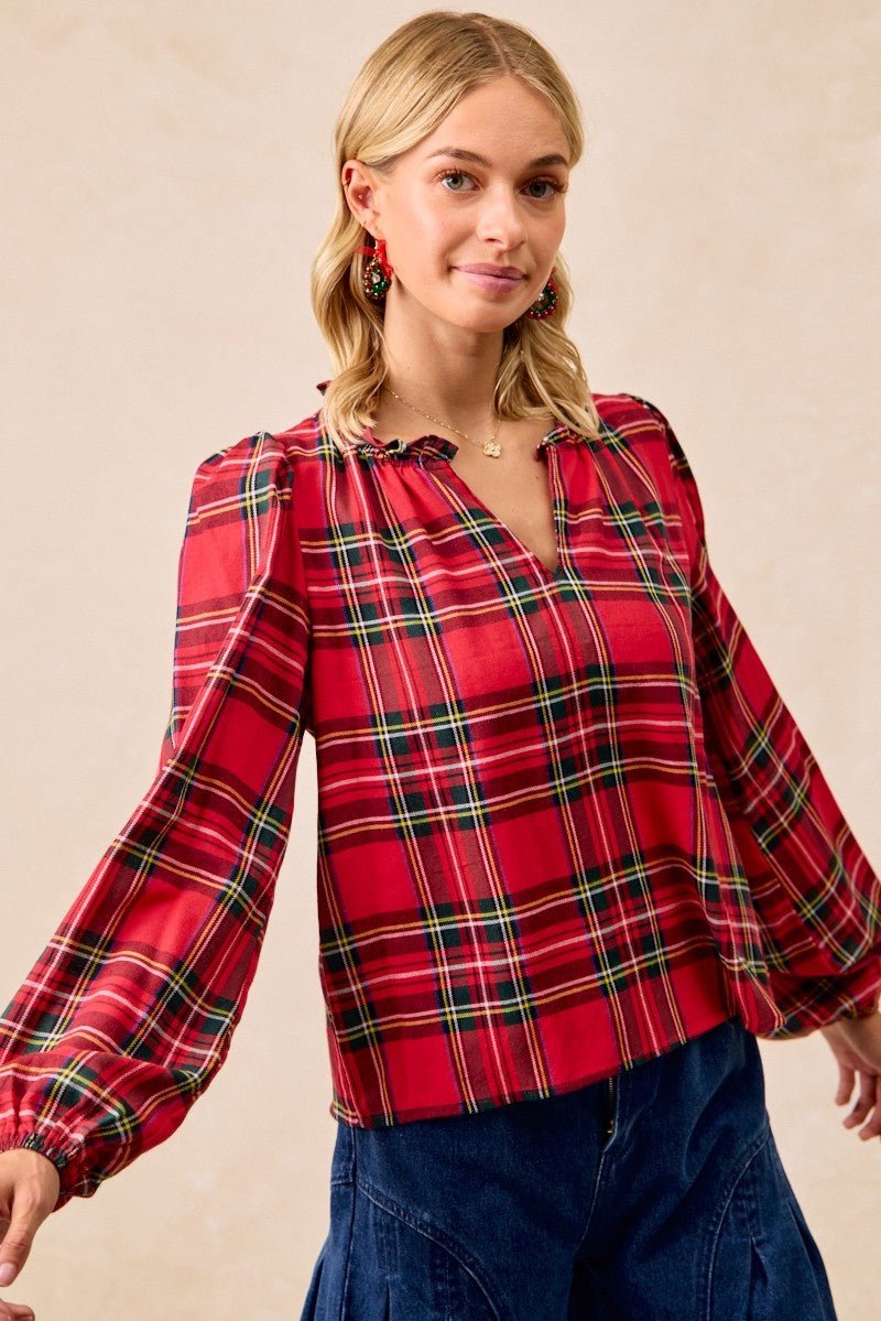 Christmas Plaid Balloon Sleeves Ruffled V-neck Top