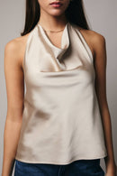 HIGH COWL NECK HALTER SATIN TOP: HUNTER GREEN