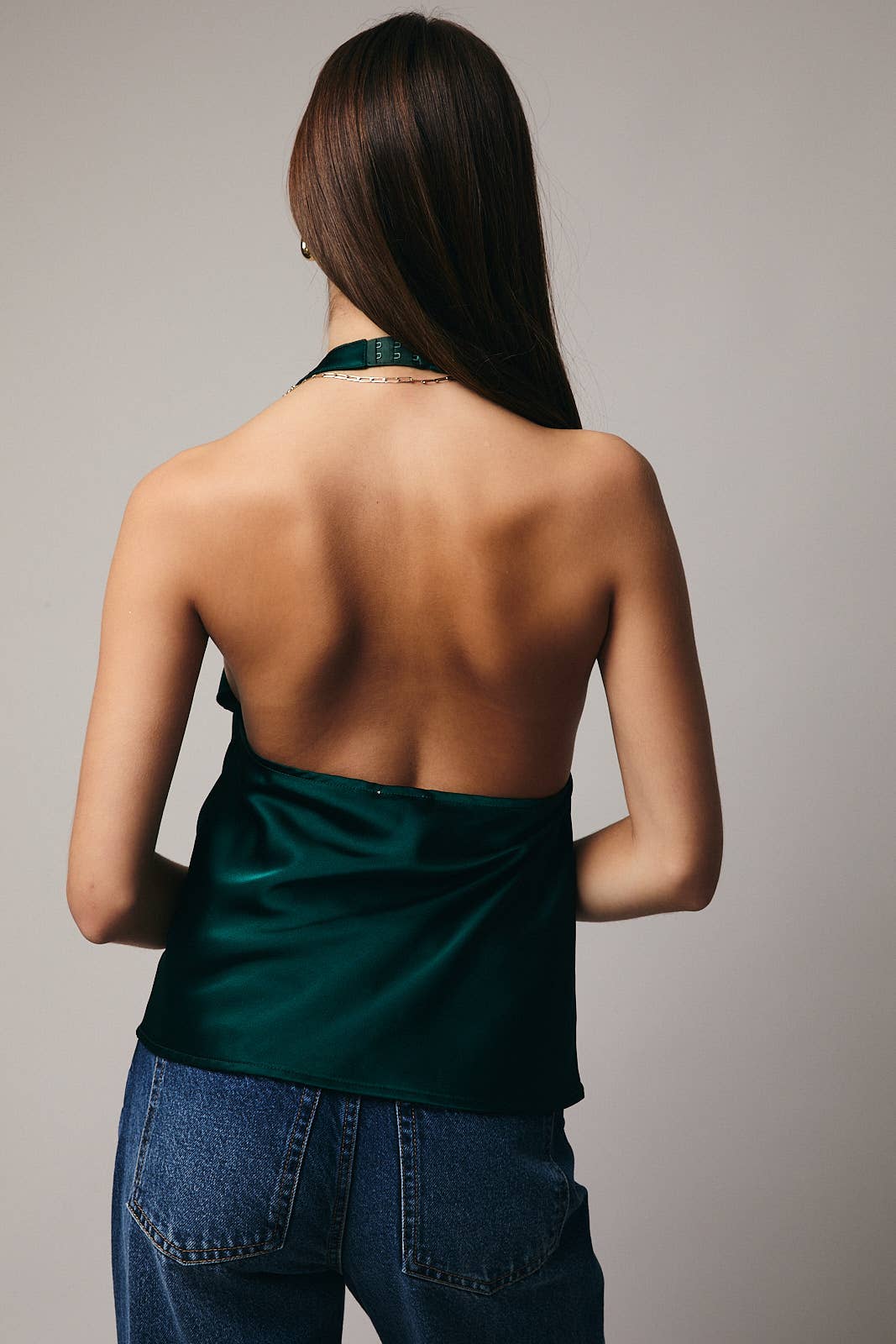 HIGH COWL NECK HALTER SATIN TOP: HUNTER GREEN