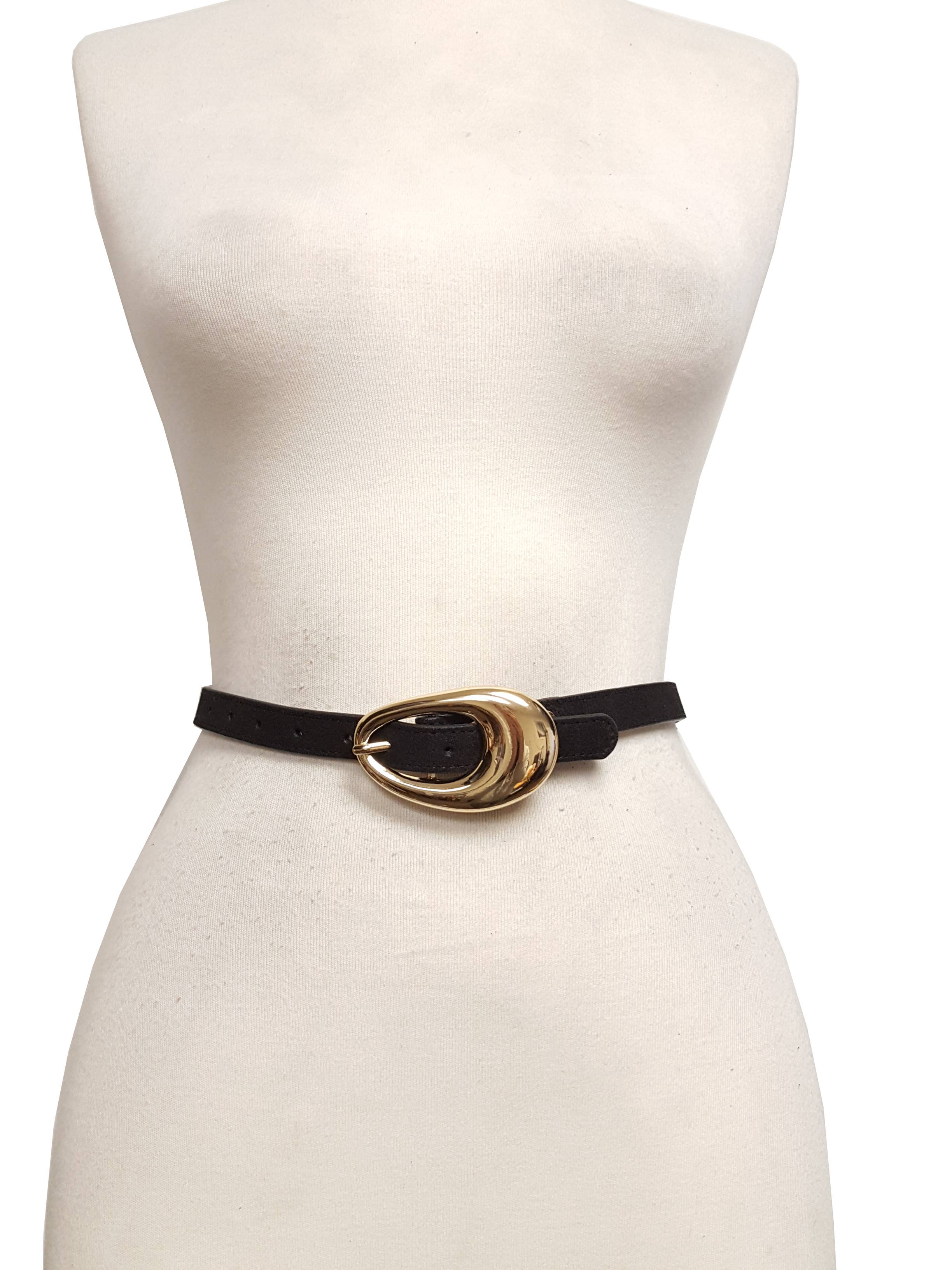 Genuine Suede Belt with Gold Tear Drop Buckle: Black
