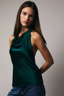 HIGH COWL NECK HALTER SATIN TOP: HUNTER GREEN
