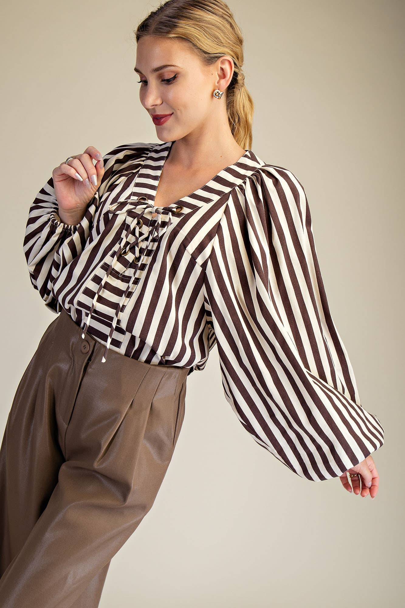 Dolman Lace-Up Blouse: Brown