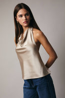 HIGH COWL NECK HALTER SATIN TOP: HUNTER GREEN
