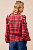 Christmas Plaid Balloon Sleeves Ruffled V-neck Top