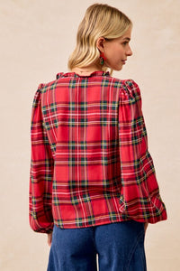 Christmas Plaid Balloon Sleeves Ruffled V-neck Top
