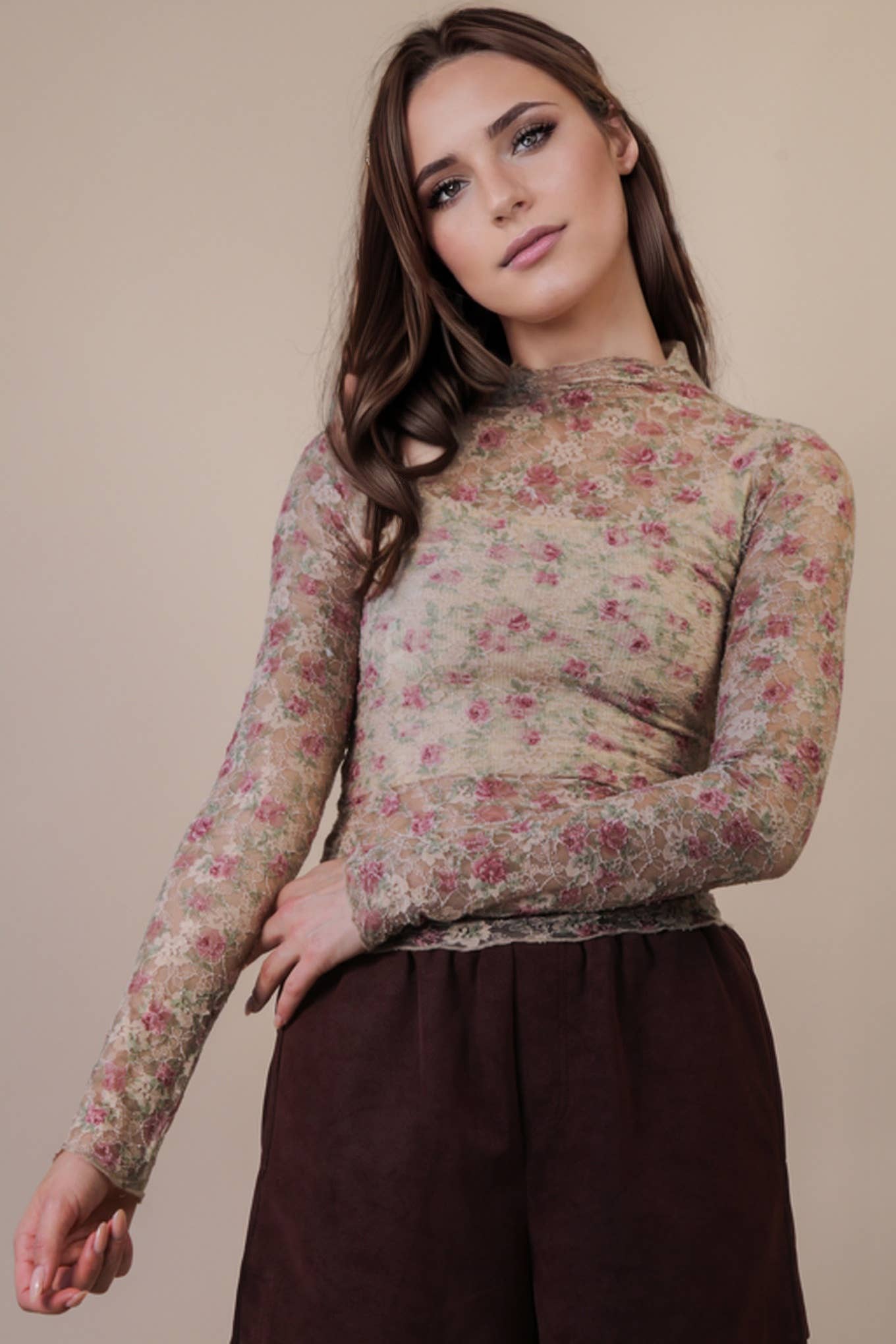 Mesh Lace Knit Top Floral
