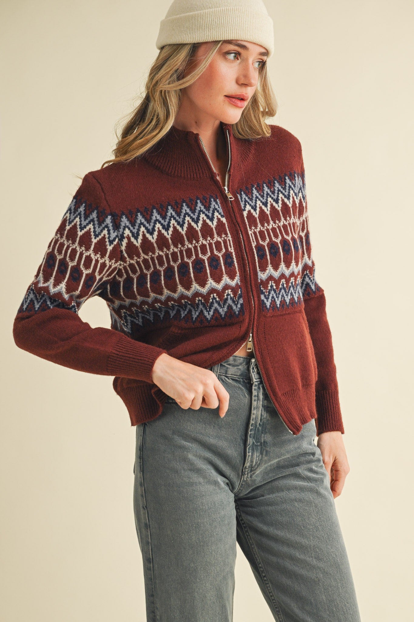 Fair Isle Zip Up Sweater Cardigan