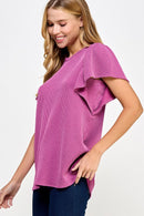 Ribbed Flutter Sleeve Top Fuschia