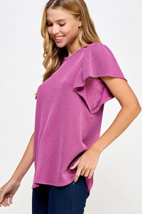 Ribbed Flutter Sleeve Top Fuschia