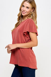 Ribbed Flutter Sleeve Top Rust