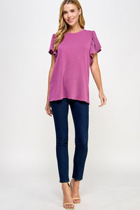 Ribbed Flutter Sleeve Top Fuschia
