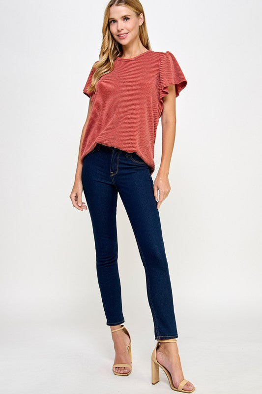 Ribbed Flutter Sleeve Top Rust