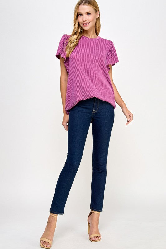 Ribbed Flutter Sleeve Top Fuschia