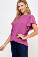 Ribbed Flutter Sleeve Top Fuschia