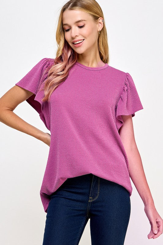 Ribbed Flutter Sleeve Top Fuschia