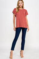 Ribbed Flutter Sleeve Top Rust