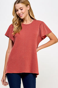 Ribbed Flutter Sleeve Top Rust