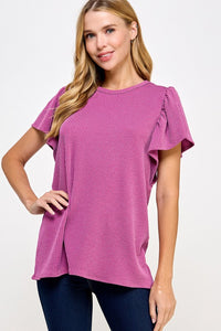 Ribbed Flutter Sleeve Top Fuschia