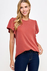 Ribbed Flutter Sleeve Top Rust