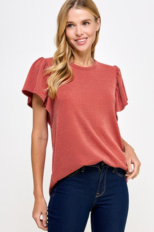 Ribbed Flutter Sleeve Top Rust