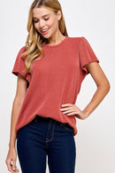 Ribbed Flutter Sleeve Top Rust