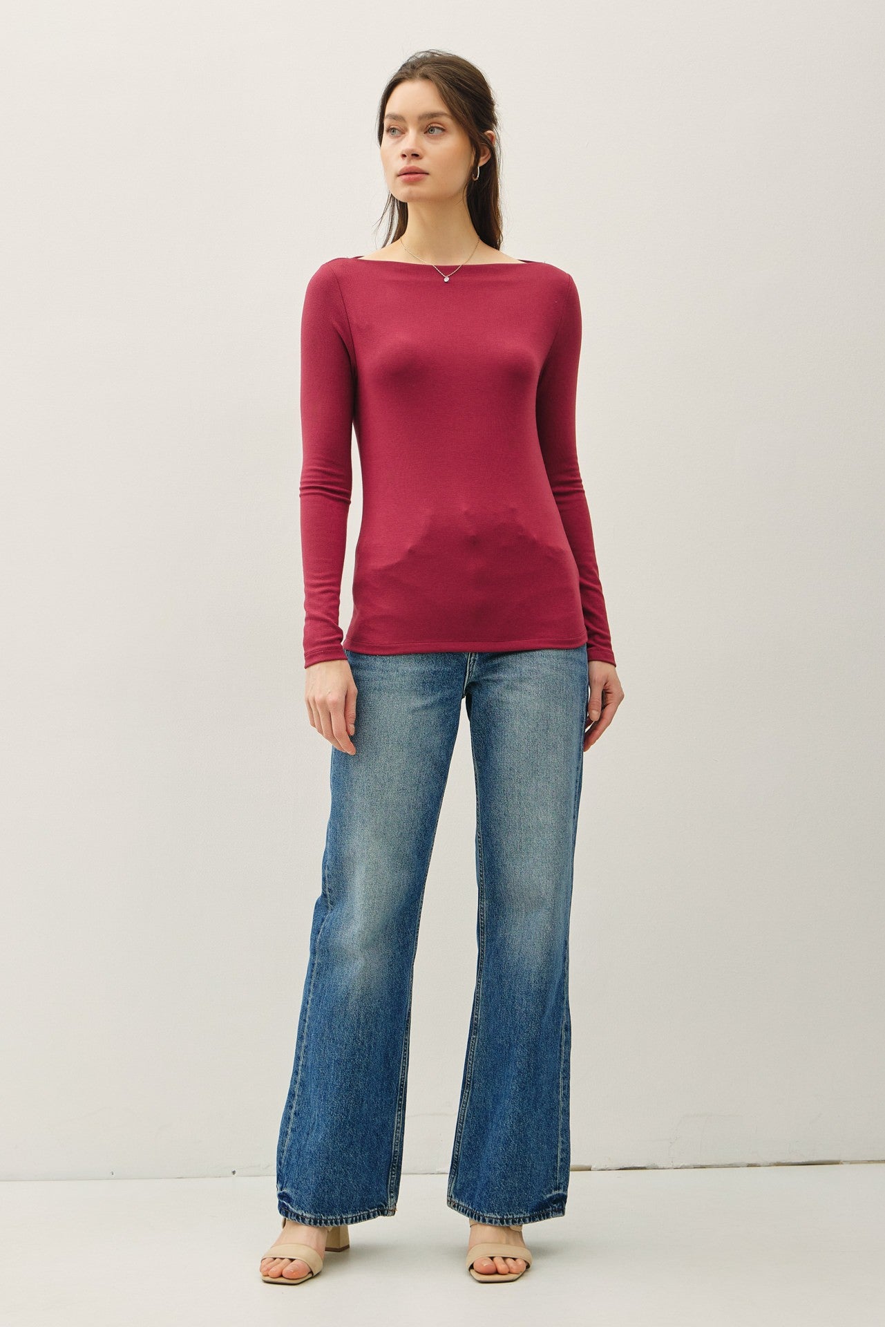 Basic Boat Neck Long Sleeve Burgundy