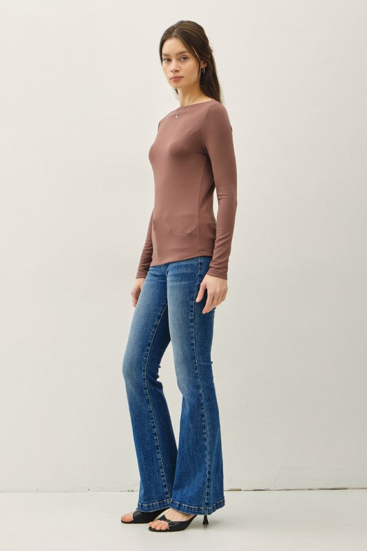 Basic Boat Neck Long Sleeve Brown