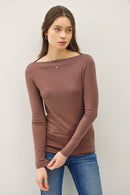 Basic Boat Neck Long Sleeve Brown