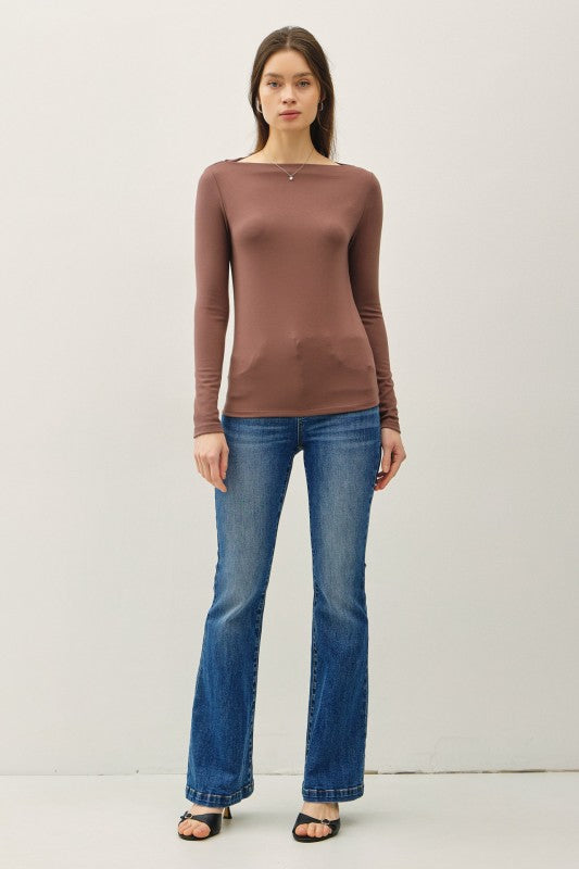Basic Boat Neck Long Sleeve Brown