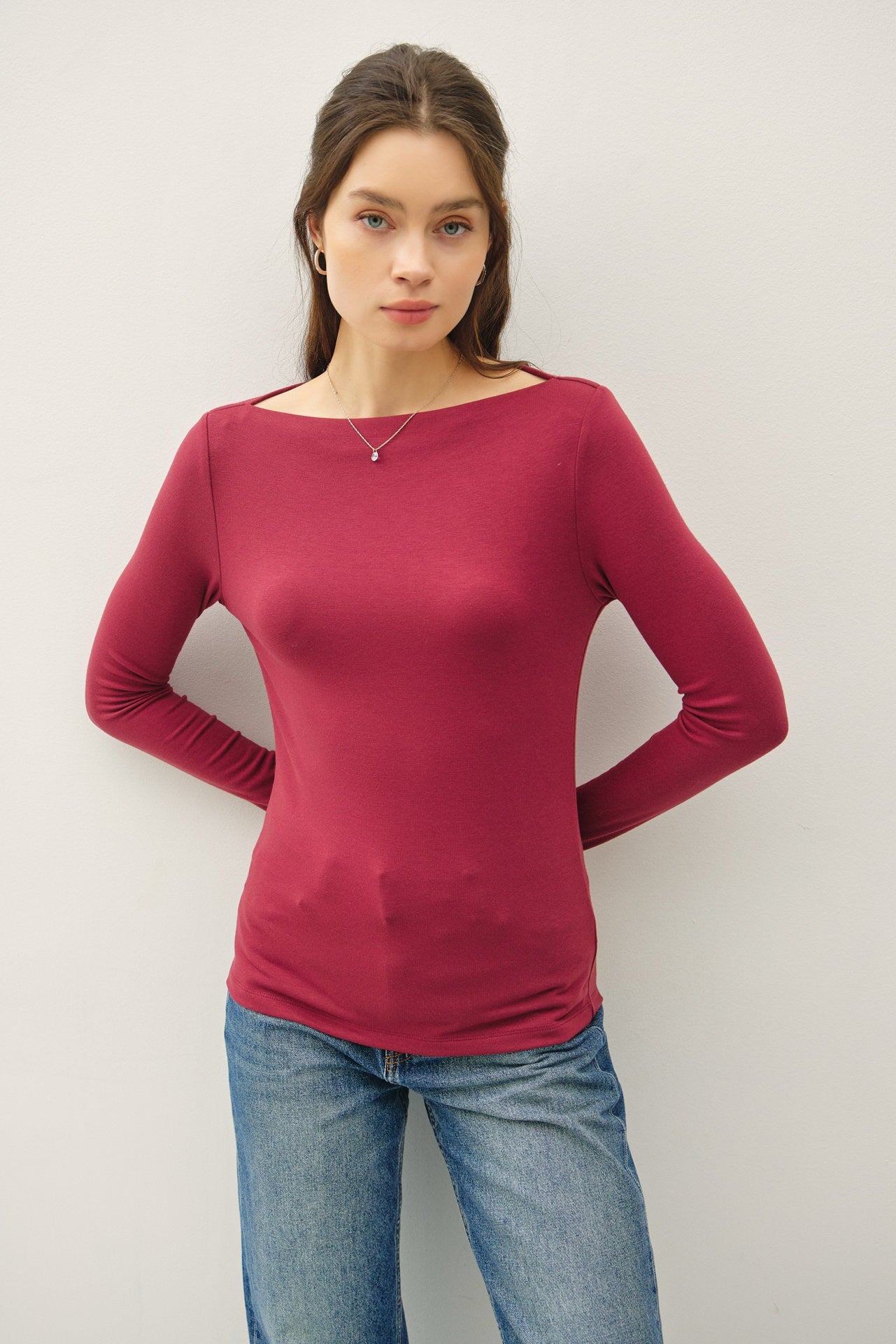 Basic Boat Neck Long Sleeve Burgundy