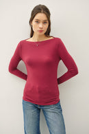 Basic Boat Neck Long Sleeve Burgundy