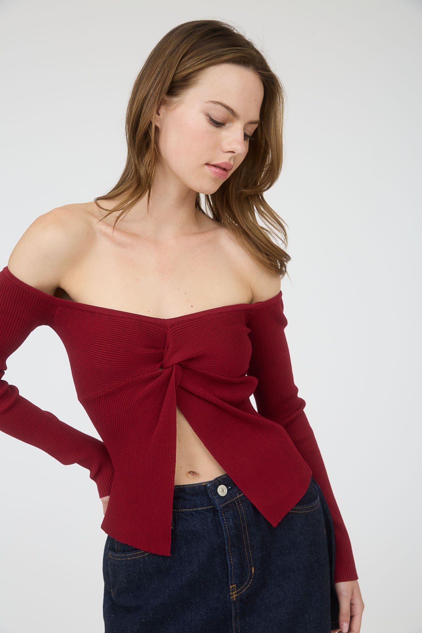 Haze Split Front Knit Sweater Deep Red
