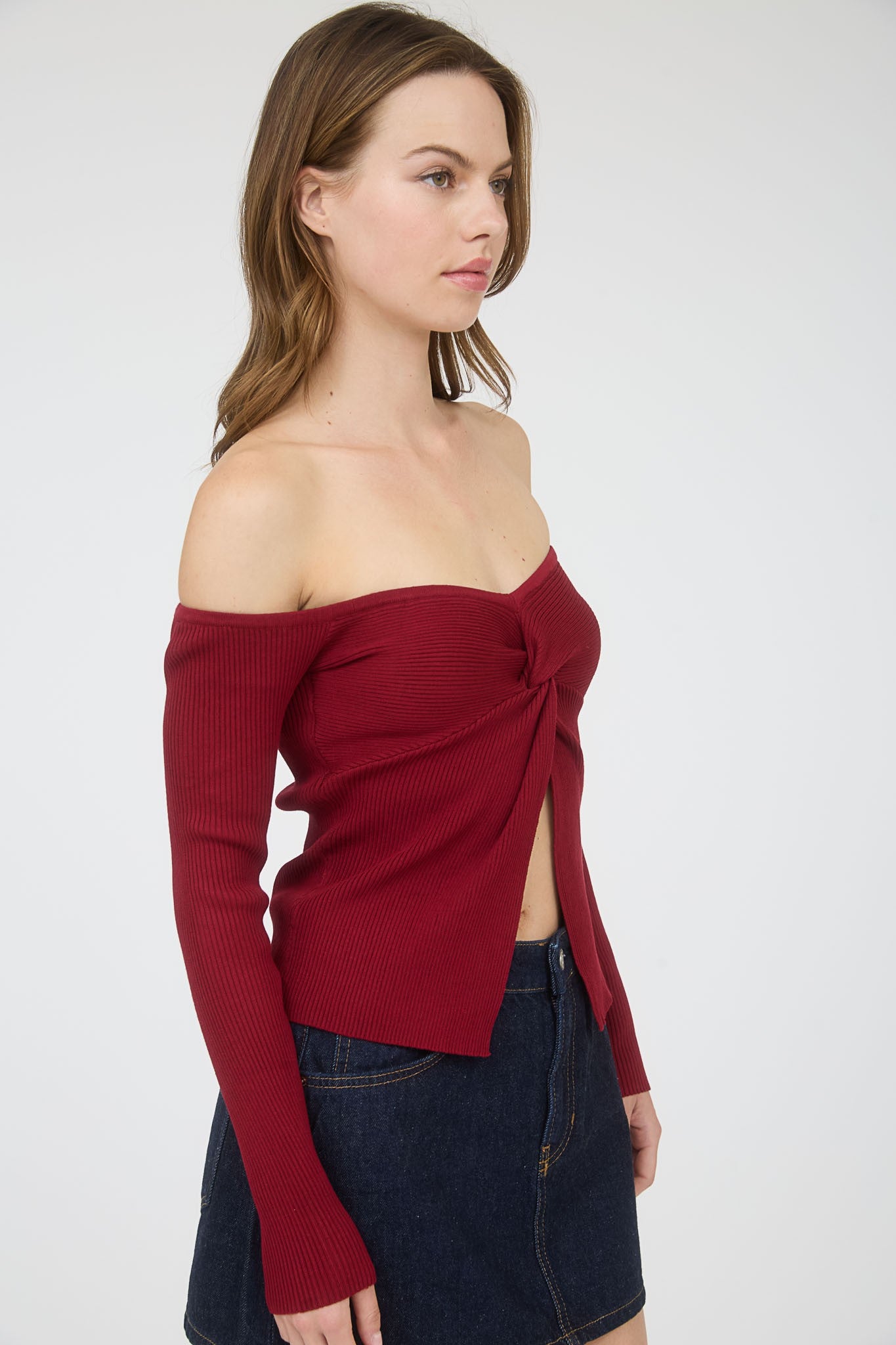 Haze Split Front Knit Sweater Deep Red