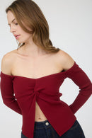 Haze Split Front Knit Sweater Deep Red