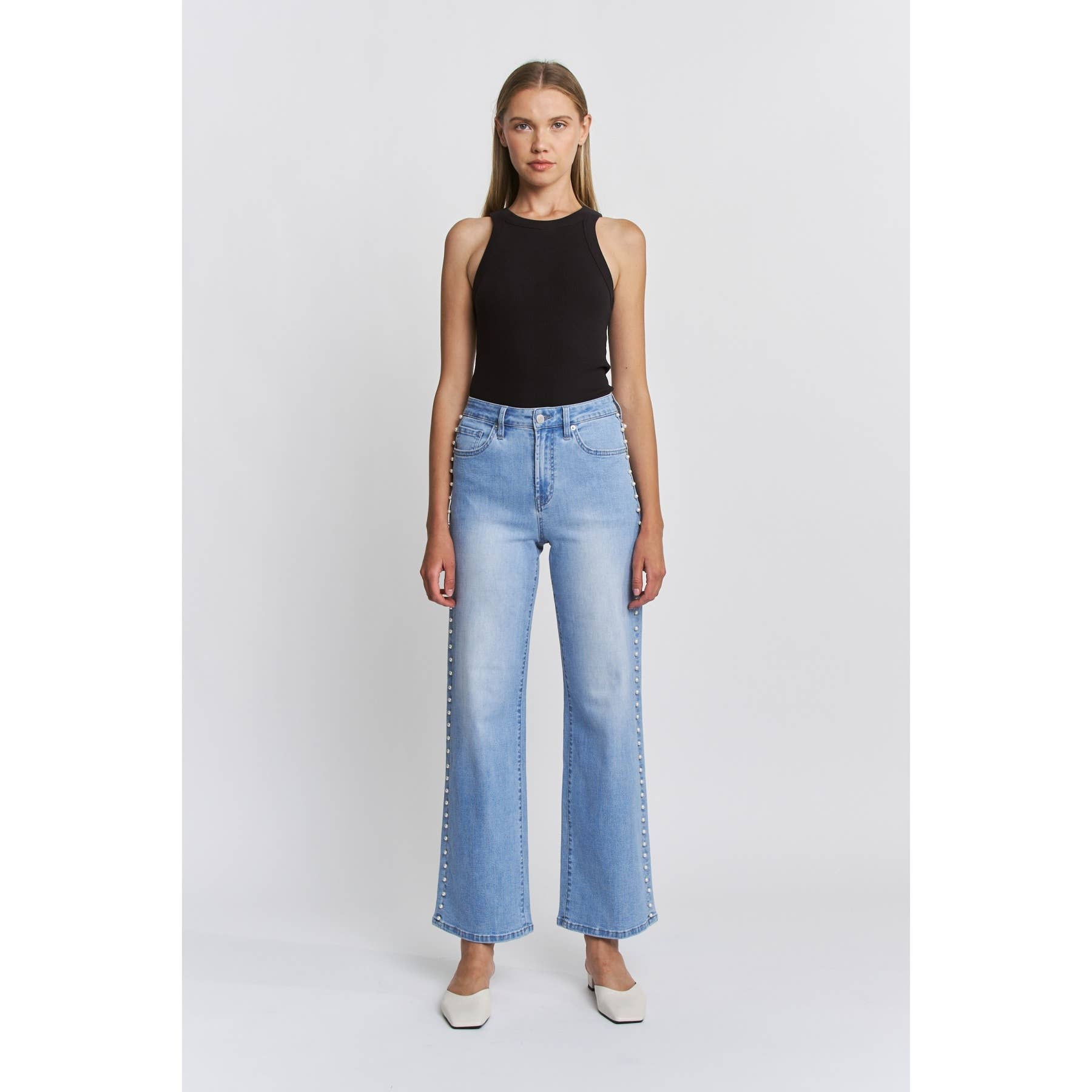 HIGH RISE WIDE LEG PEARL EMBELLISHMENT: IVY INDIGO / 28