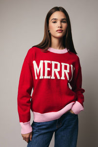 "MERRY" SWEATER: RED-PINK