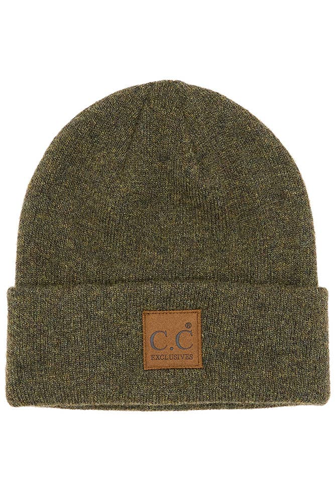 C.C Heather Knit Suede Patch Beanie Winter Hat: Cacao